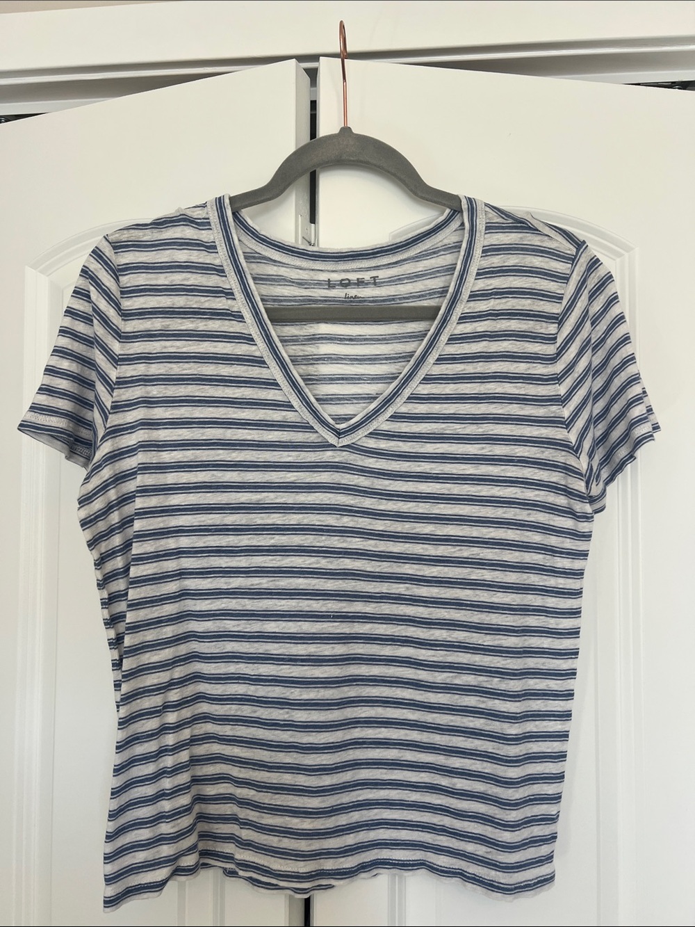 •LOFT• Blue & White Striped V-Neck Tee